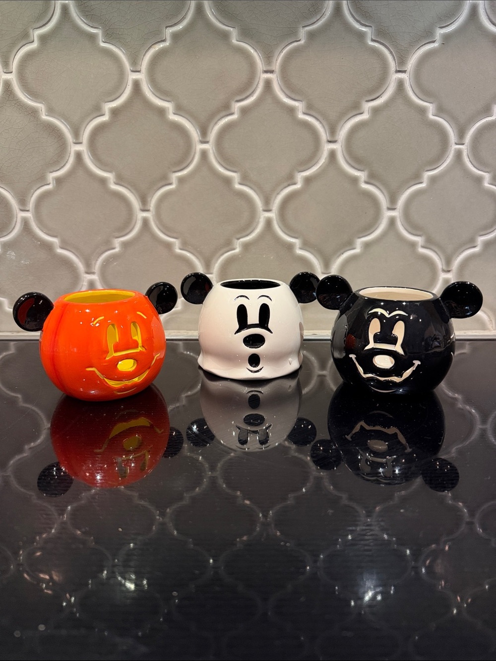 Novelty Mickey-Style Ceramic Votive Trio in Orange, White, and Black